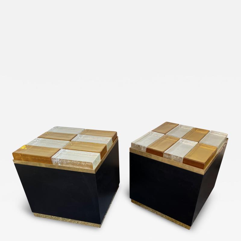 Contemporary Pair of Lightning Murano Glass Brass Side Tables Italy