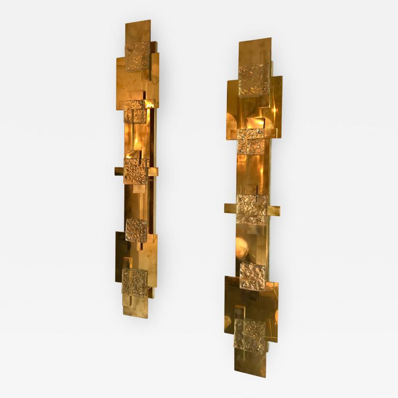 Contemporary Pair of Sconces Geometrical Brass Murano Glass Italy