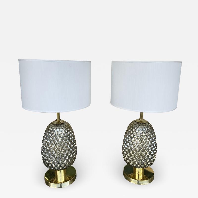 Contemporary Pair of Silver Gold Pineapple Murano Glass and Brass Lamps Italy