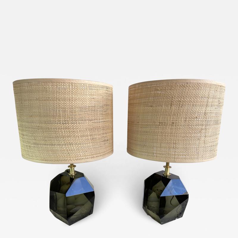 Contemporary Pair of Stone Diamond Murano Glass and Brass Lamps Italy
