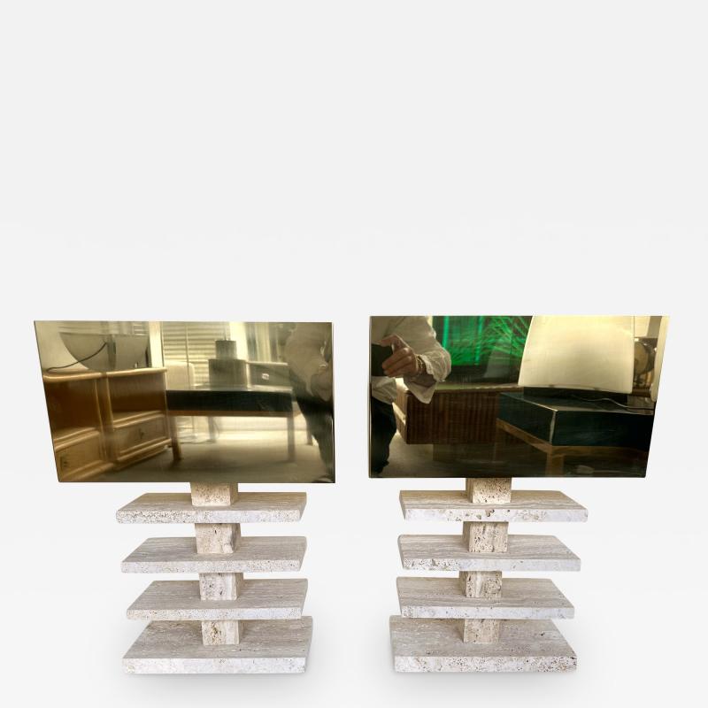Contemporary Pair of Travertine Blade Lamps and Brass Shades Italy
