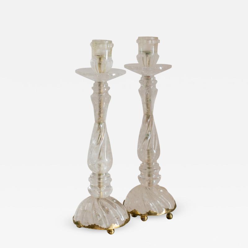 Contemporary Pair of Twisted Rock Crystal Candlesticks