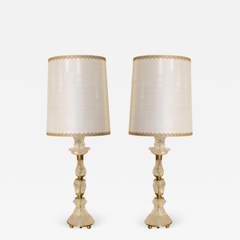 Contemporary Pair of White Rock Crystal and Bronze Lamps with Custom Silk Shades