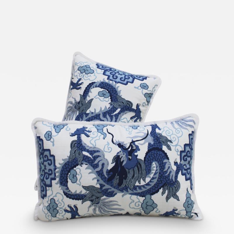 Contemporary Pillow Pair in Cotton and Blue Dragon Print