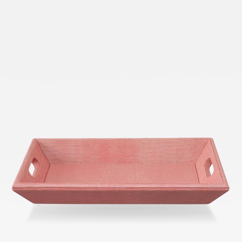 Contemporary Pink Lizard Embossed Leather Rectangular Tray