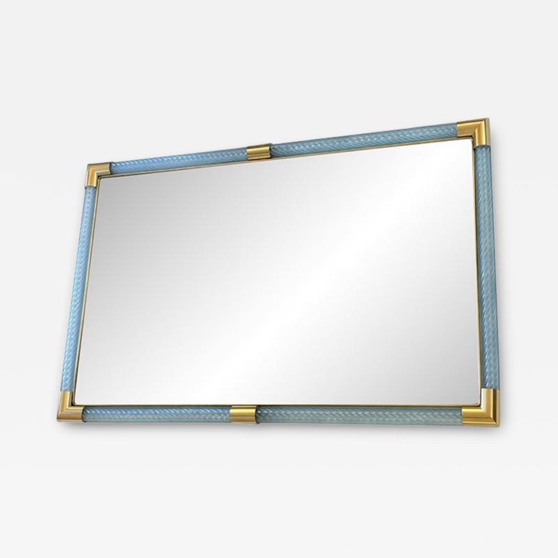 Contemporary Rectangular Light Blue Mirror Torchon Torciglione Murano Glass