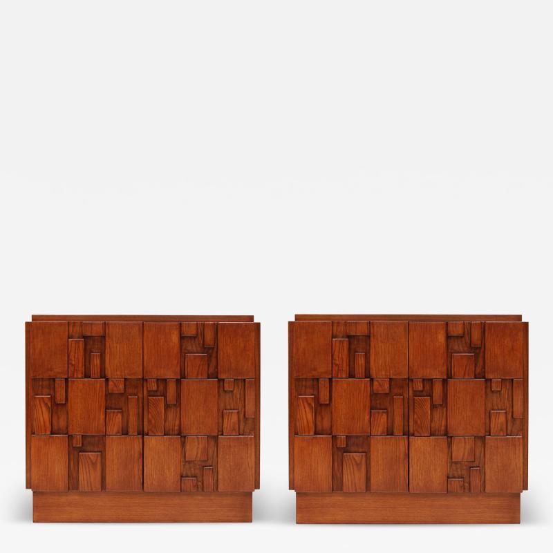 Contemporary Rectangular Patern Brutalist Solid Wood Pair Of Italian Sideboards