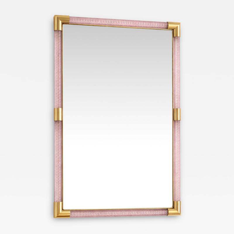Contemporary Rectangular Pink and Gold Mirror With Torchon Murano Glass