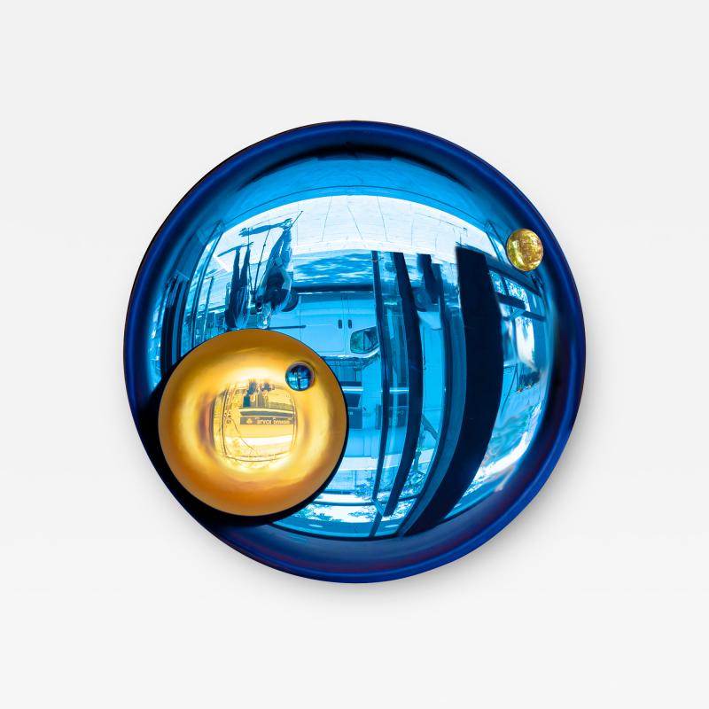 Contemporary Round Concave Mirror in Blue and Yellow Glass made in France