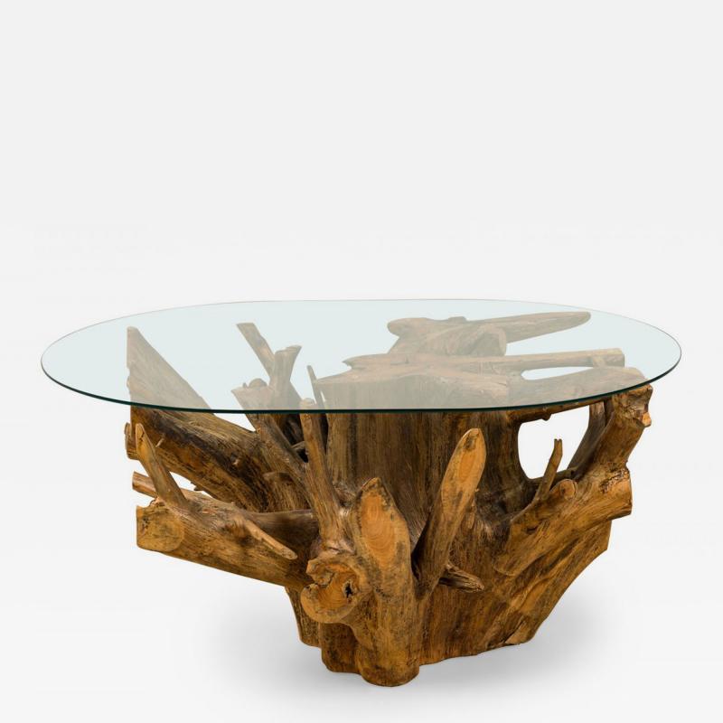Contemporary Rustic Tree Root and Clear Oval Glass Coffee Table