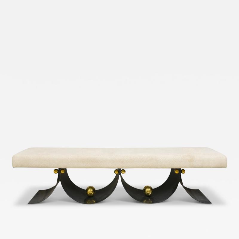 Contemporary Sculptural Iron Bench with Polished Brass Decorations
