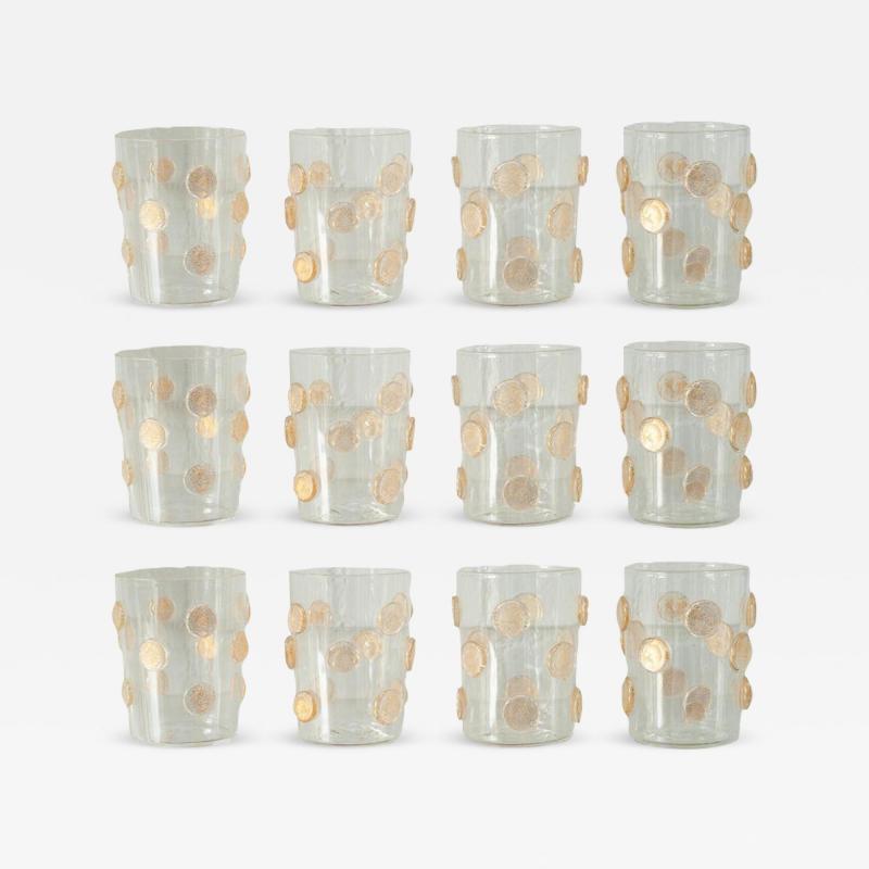 Contemporary Set of 12 Spotted Murano Glass Tumblers with Gold Leaf