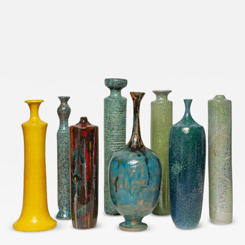 Contemporary Set of 8 Italian Mid Century Inspired Glazed Ceramic Vases