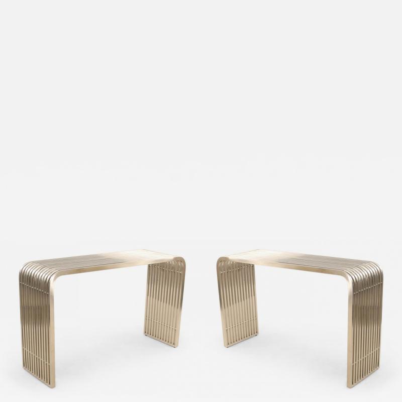 Contemporary Silver Metal Curved Metal Slat Console Tables