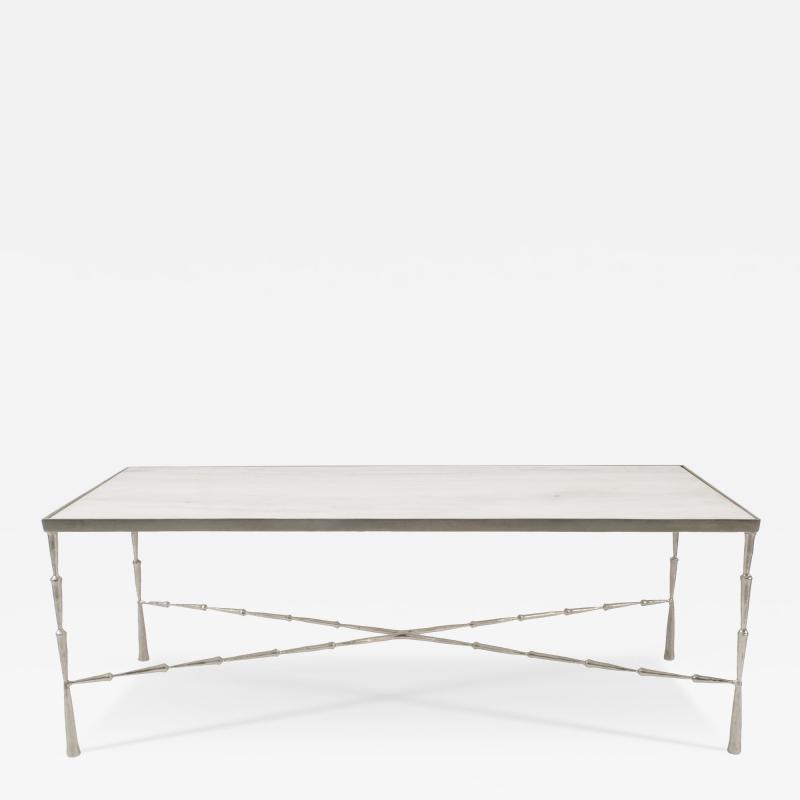 Contemporary Silver Metal Faux Bamboo and White Marble Coffee Table