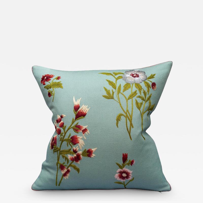 Contemporary Soft Blue Merino Wool and Linen Pillow with Embroidered Florals