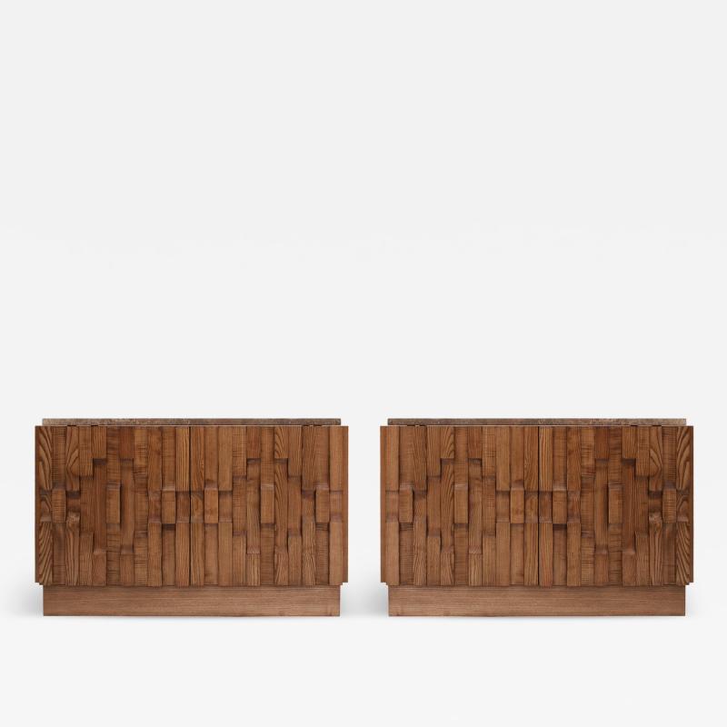 Contemporary Solid Oak Wood And Travertine Pair Of Italian Sideboards