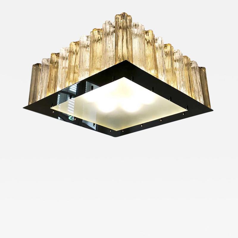 Contemporary Square Italian Crystal Amber Murano Glass Flush Chandelier Pendant