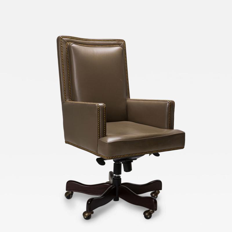 Contemporary Taupe Leather Brass Studded Swivel Rolling Office Chair