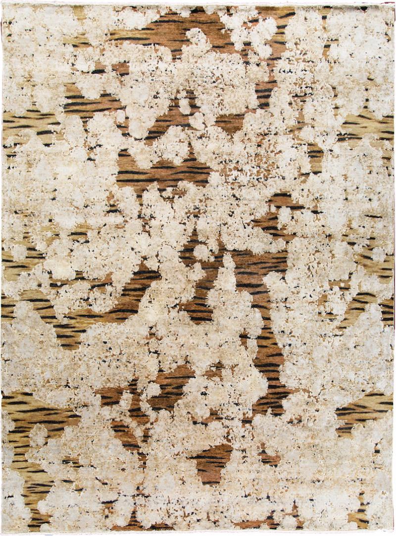 Contemporary Tiger Wool and Silk Hand Knotted Rug in Brown and Cream