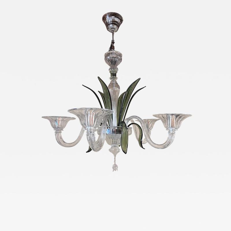 Contemporary Transparent and Green Leaves Chandelier in Murano Glass