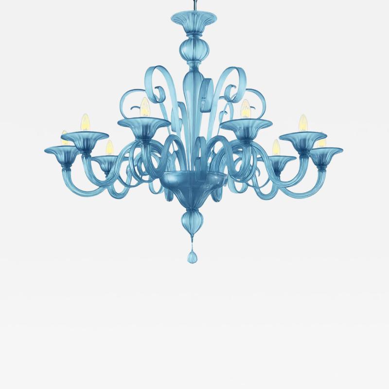 Contemporary Venetian Blue Satin Murano Glass Chandelier 8 Arms