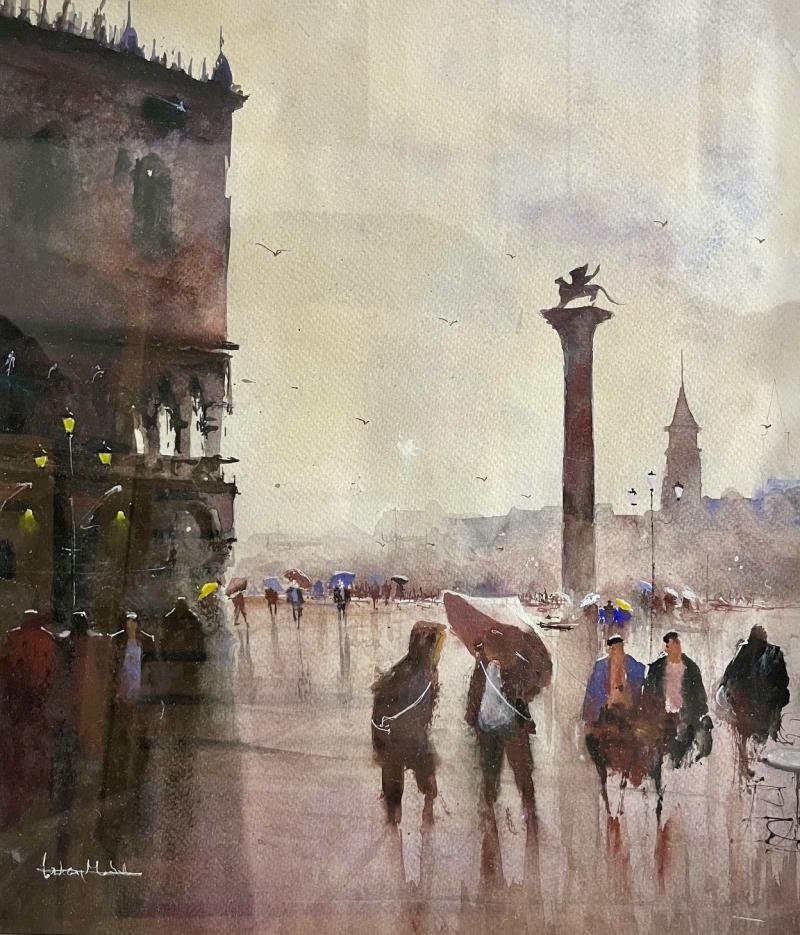 Contemporary Venetian Cityscape Watercolor Painting Framed