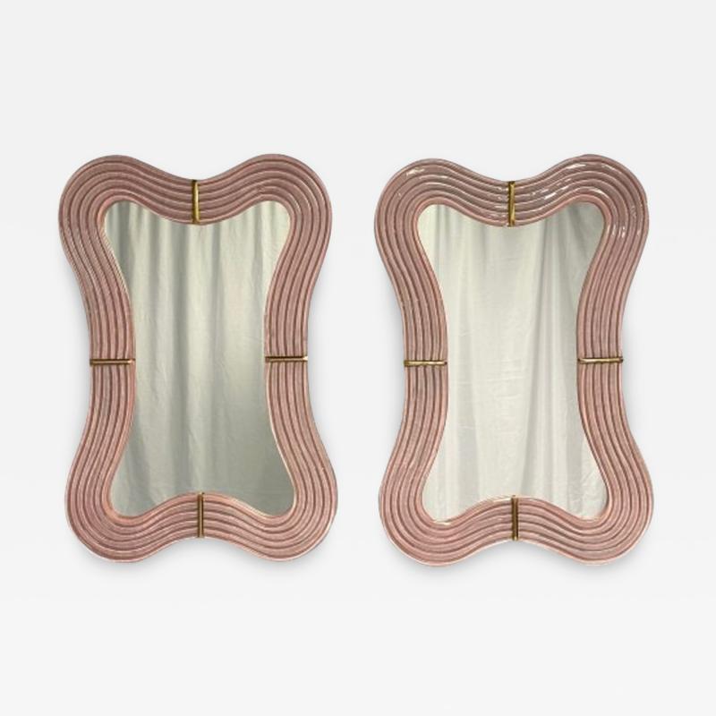 Contemporary Wavy Wall Mirrors Pink Murano Glass Brass Italy 2023