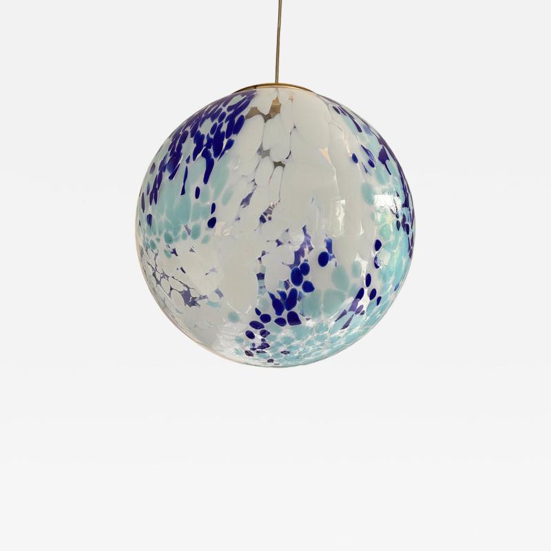 Contemporary White and Blue Spots Sphere Pendant Light in Murano Glass