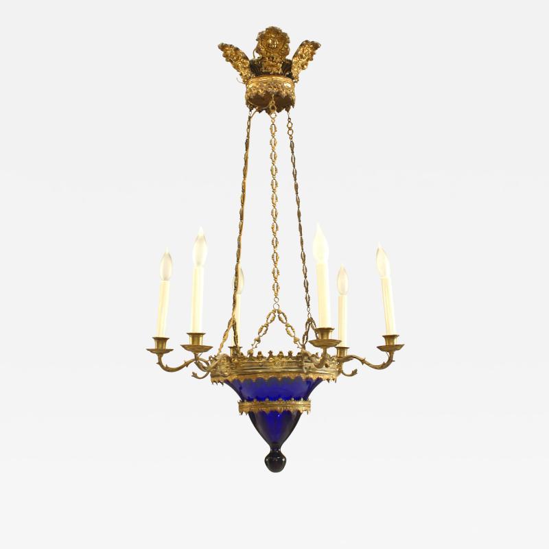 Continental Baltic Gilt Bronze and Blue Glass Chandeliers