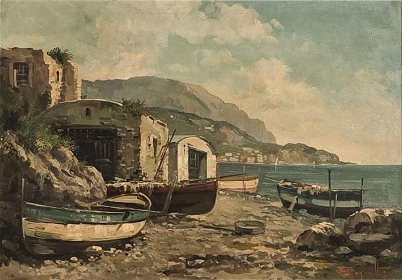 Continental Oil Painting of Fishing Village probably Italy circa 1900