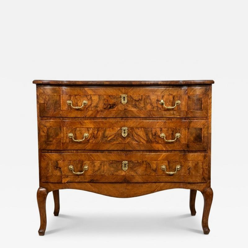 Continental Rococo Style Burl Walnut Arbal te form 3 drawer Commode