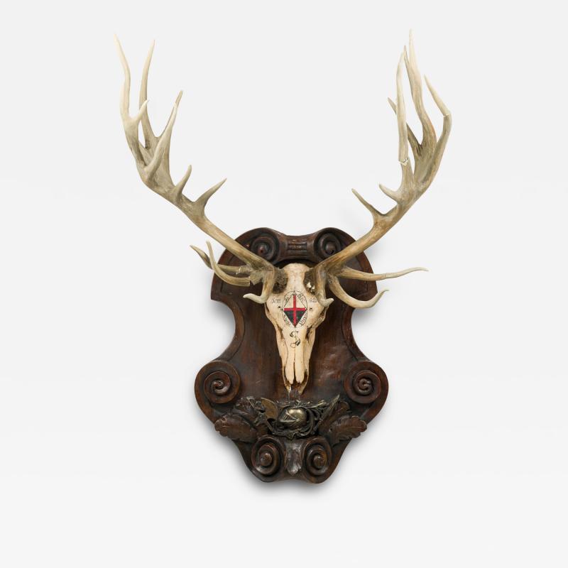 Continental Rustic Wall Plaque of Elk Skull with Cross Insignia Painted