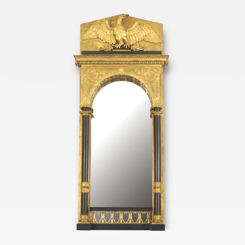 Continental Swedish Empire Gilt and Ebonized Eagle Pediment Wall Mirror