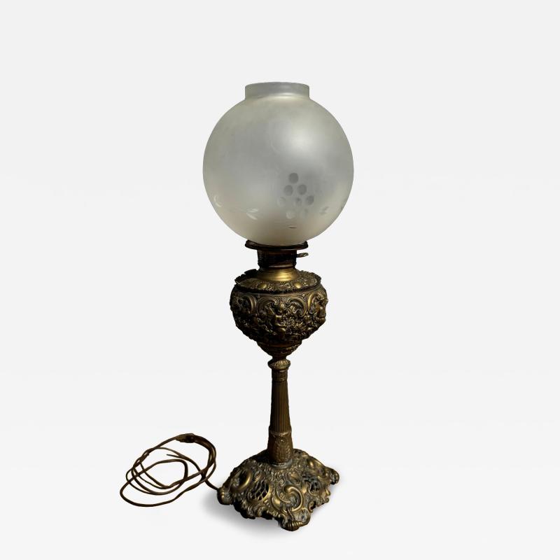 Converted 19th C Ornate Brass Oil Lantern Table Lamp w Etched Globe Shade
