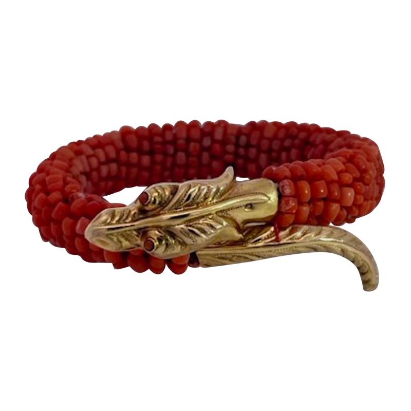 Coral Beaded Snake Bracelet 9K