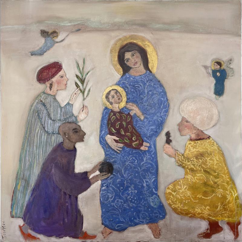 Corinne Tichadou LA NATIVIT AUX ROIS MAGES Nativity and wise men Oil painting