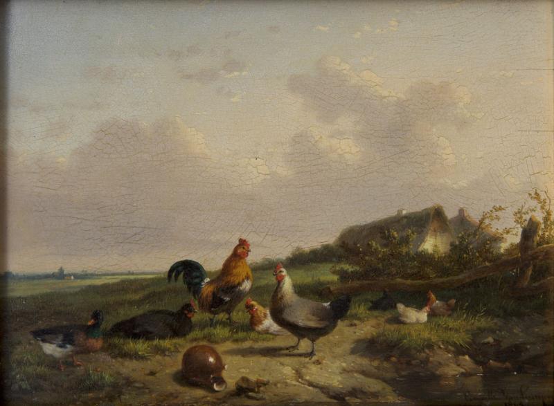 Cornelis Van Leemputten Chickens w Duck Rooster Landscape Painting by Cornelis van Leemputten