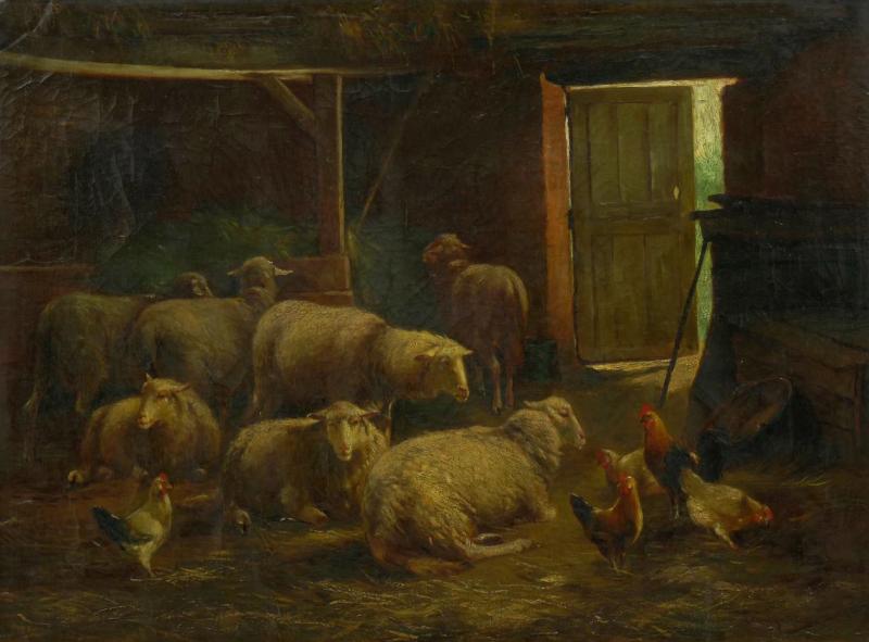 Cornelis Van Leemputten Painting of Sheep in Barn by Cornelis van Leemputten Belgian 1841 1902 