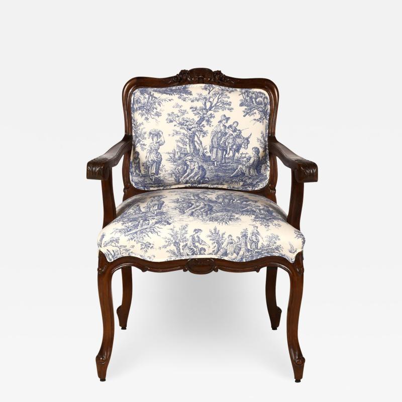 Country French openarmchair, Walnut, Chinoiserie Palace Fabric, France
