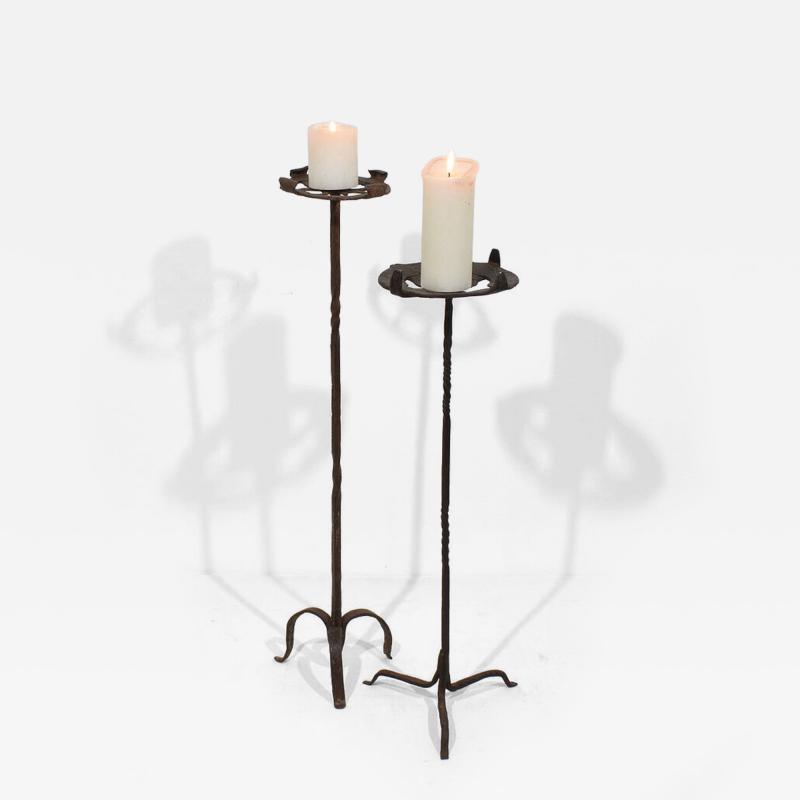 Couple 16th 17th Century Spanish Hand Forged Iron Candleholders