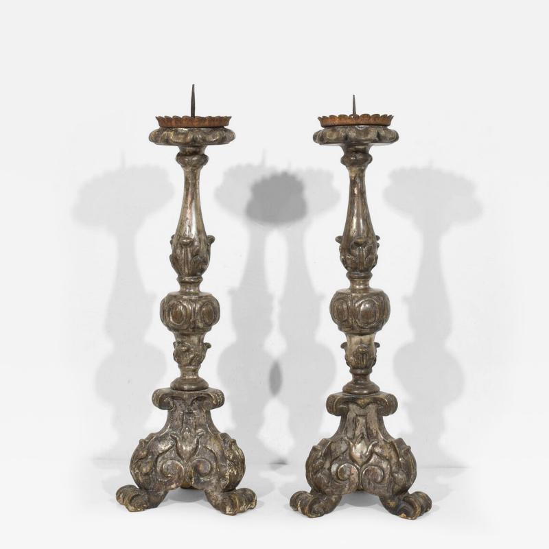 Couple of 18th Century Italian Baroque Carved Wooden Candlesticks Circa 1750