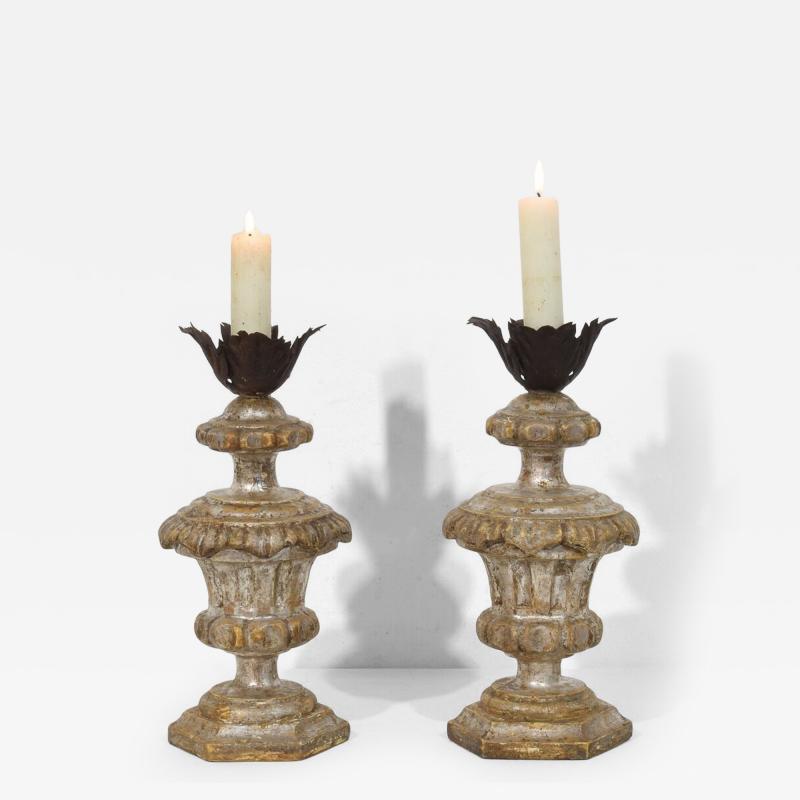 Couple of 18th Century Italian Neoclassical Silvered Wooden Candlesticks