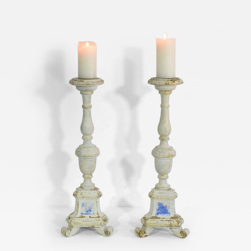Couple of 19th Century Italian Carved Wooden Candleholders in Neoclassical Style