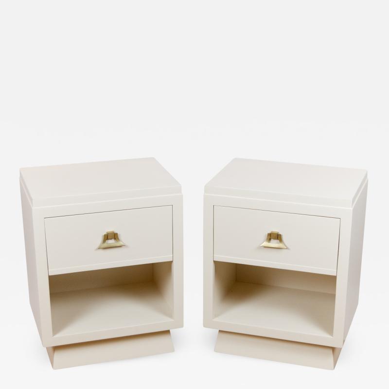 Cream Lacquered Mid Century Nightstands with Drop Front Storage