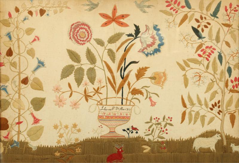 Crewelwork Depicting a Flowering Urn with Birds and Animals