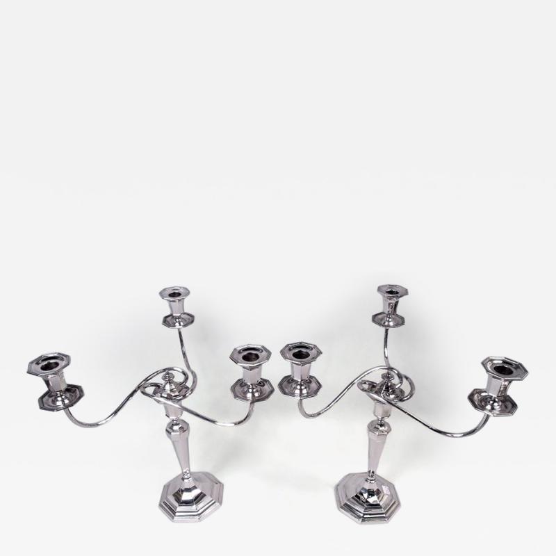 Crichton Brothers Pair of English Modern Classical Sterling Silver 3 Light Candelabra
