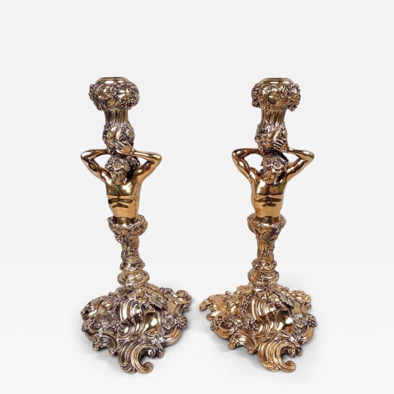 Crichton Brothers Pair of English Silver Gilt Grapevine Herm Candlesticks After Lamerie