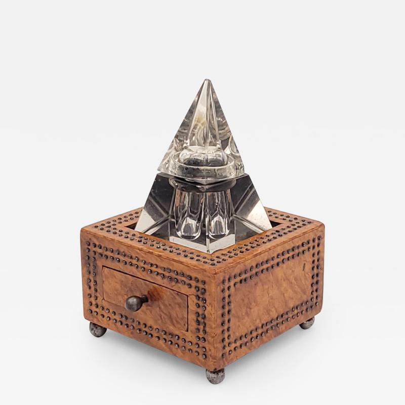 Crystal Pyramid Inkwell in Wooden Stand circa 1870