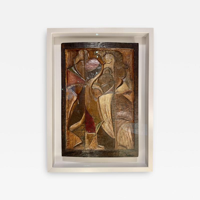 Cubist carved hand color tinted sculptural panel by Vicente Gil Franco 